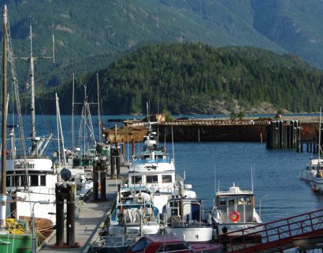boats in harbour, waterfront, docks, mountains in background