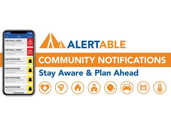 Alertable Banner that reads "Alertable Community Notifications, Stay Aware & Plan Ahead".